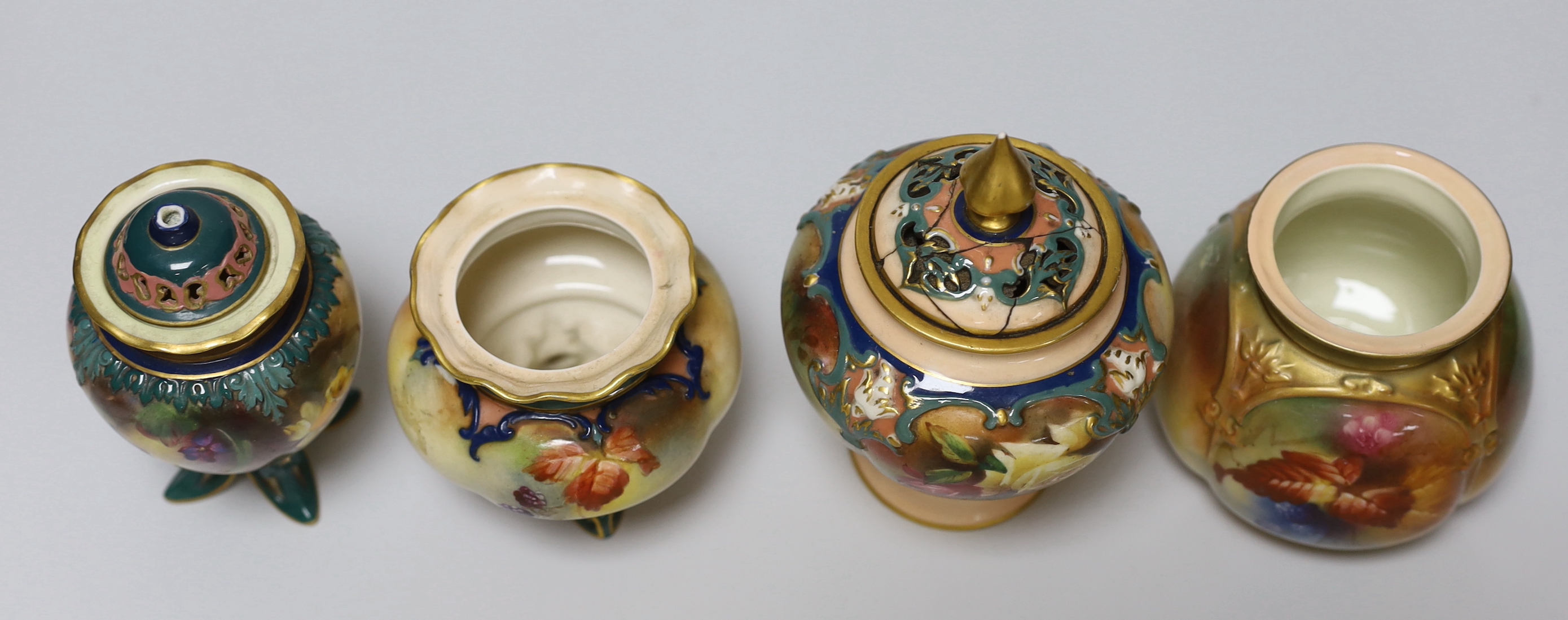 Six Royal Worcester ornamental vases, tallest 13cm, and two Harley’s Worcester pots